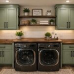 Sage green laundry room cabinets with wooden floating shelves and a matching countertop above washing machines.