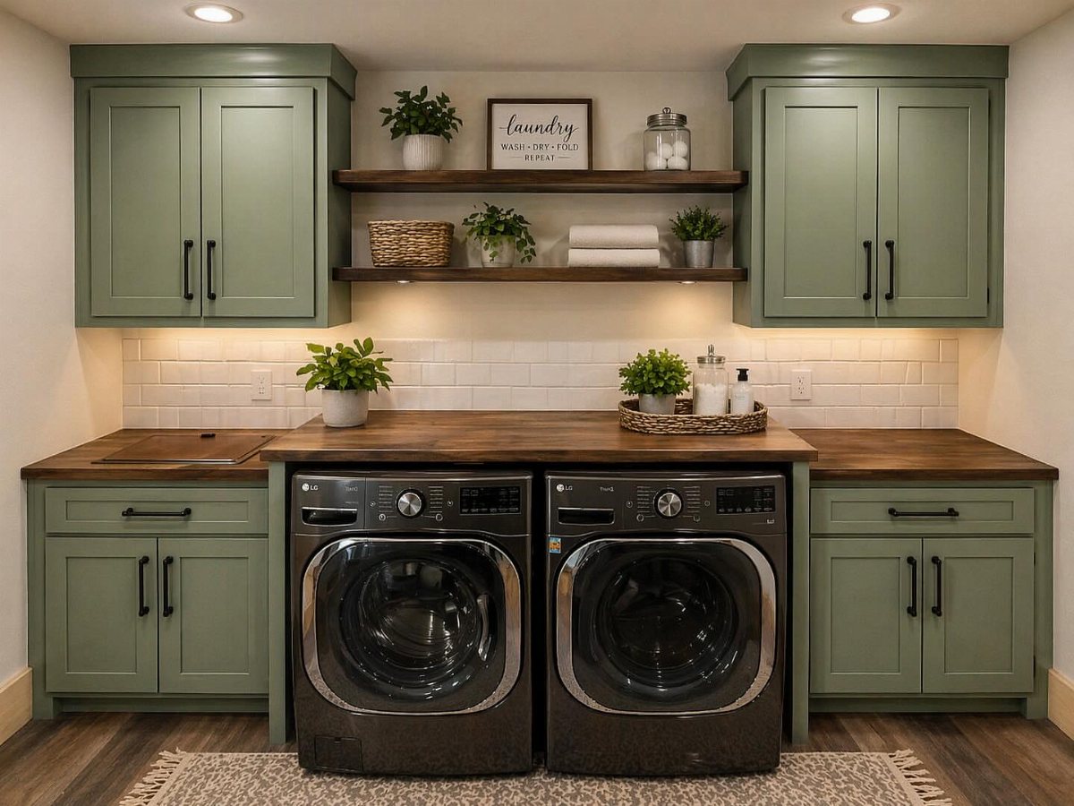 Sage green laundry room cabinets with wooden floating shelves and a matching countertop above washing machines.