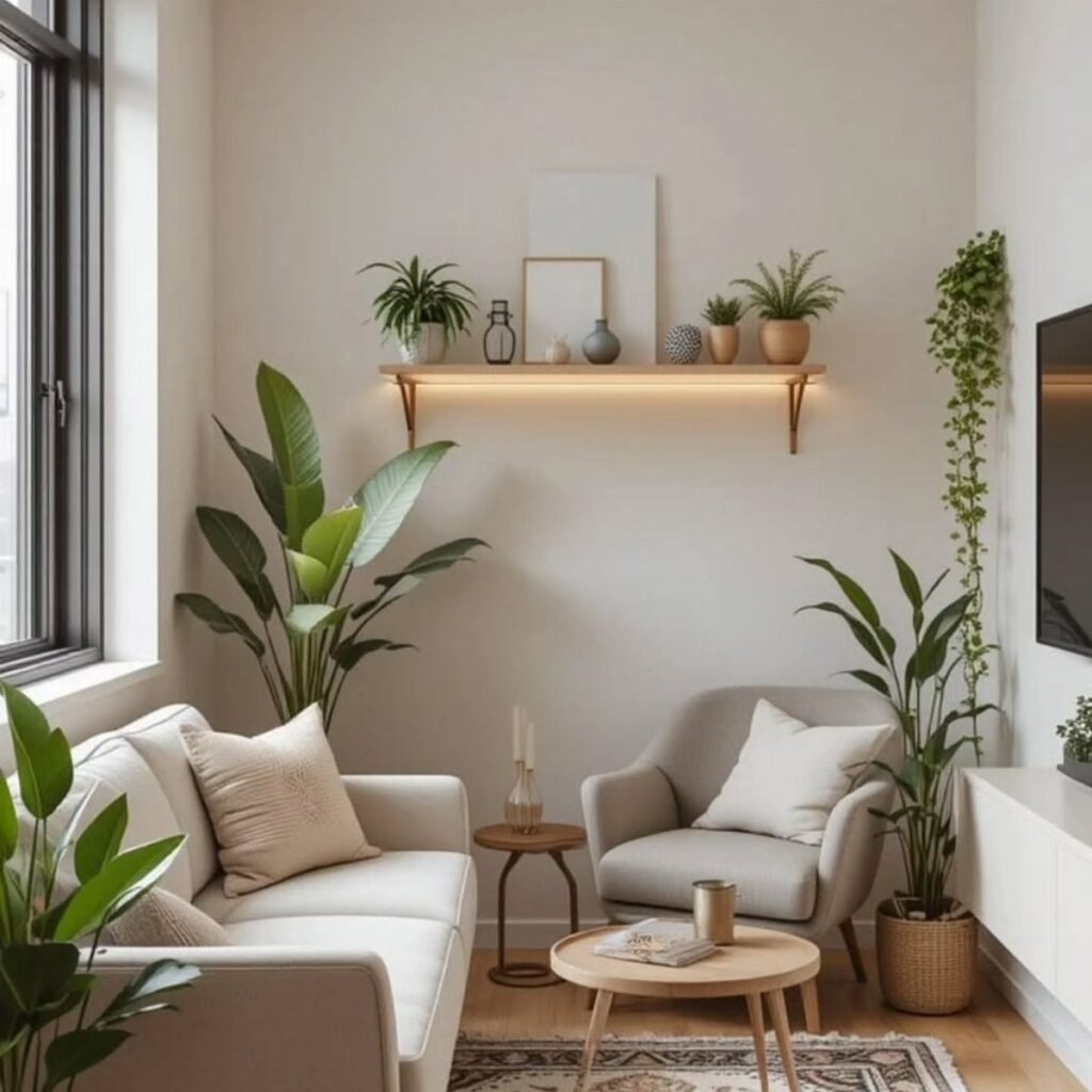 Minimalist living room with a white sofa, grey armchair, wooden tables, and lush green indoor plants.