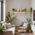 Minimalist living room with a white sofa, grey armchair, wooden tables, and lush green indoor plants.