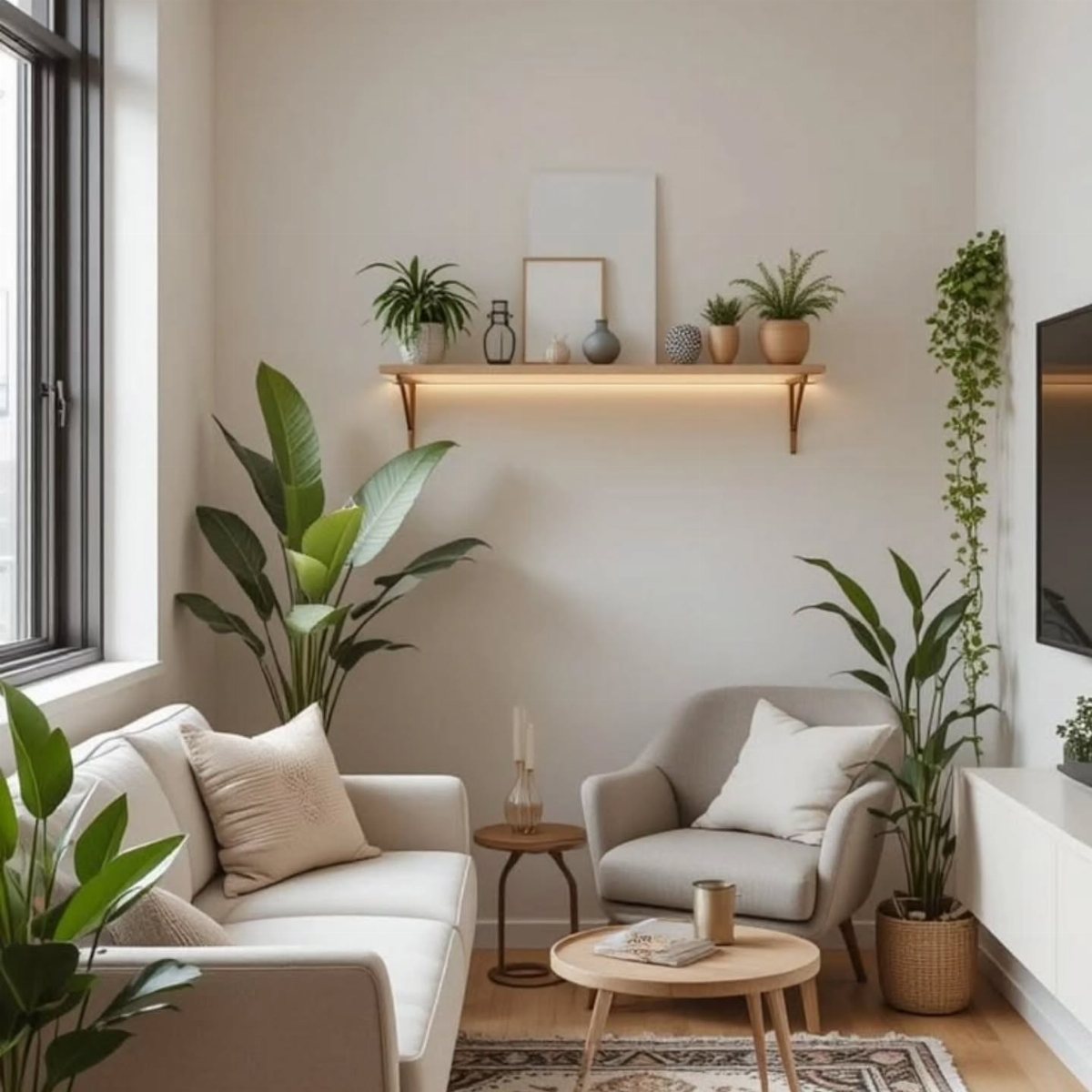 Minimalist living room with a white sofa, grey armchair, wooden tables, and lush green indoor plants.