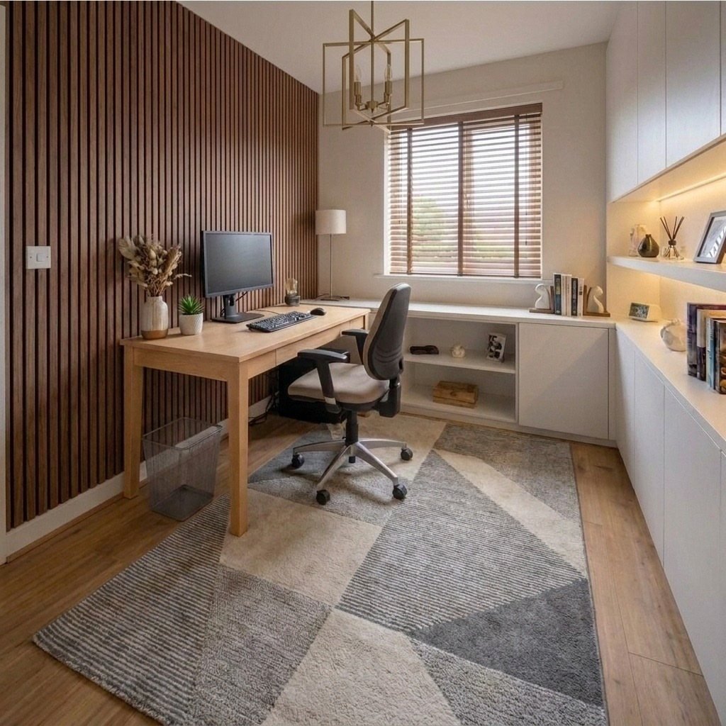 A small home office with a wooden desk, computer, ergonomic chair, and geometric rug.
