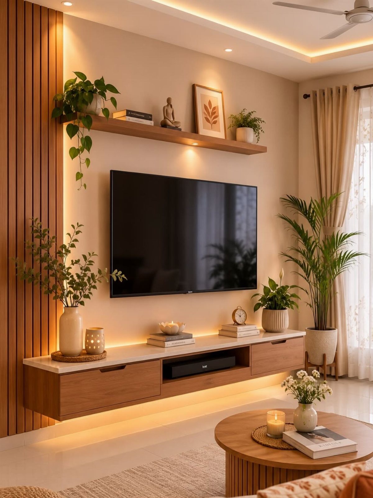 A large television mounted on a beige wall above a floating wooden media console with plants.
