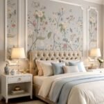 Floral print wallpaper with delicate flowers and greenery framed by white molding behind a bed.