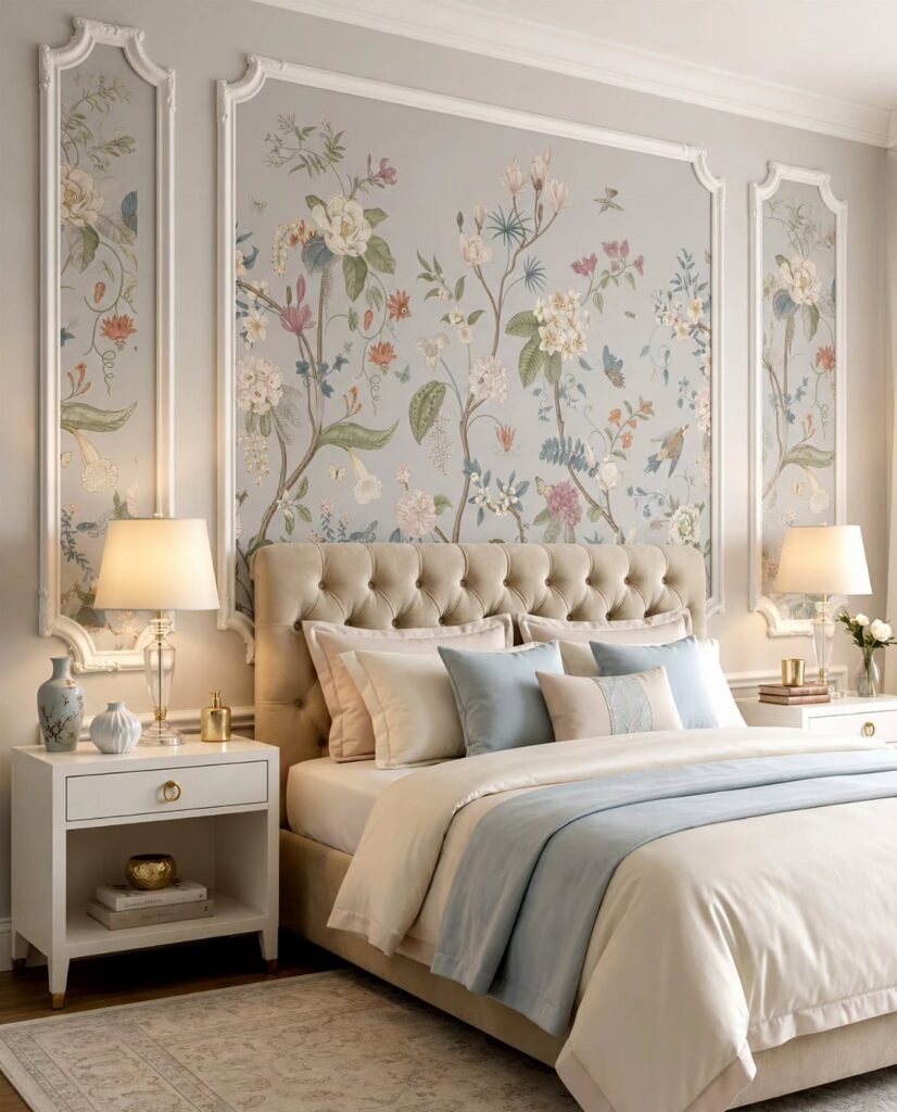 Floral print wallpaper with delicate flowers and greenery framed by white molding behind a bed.